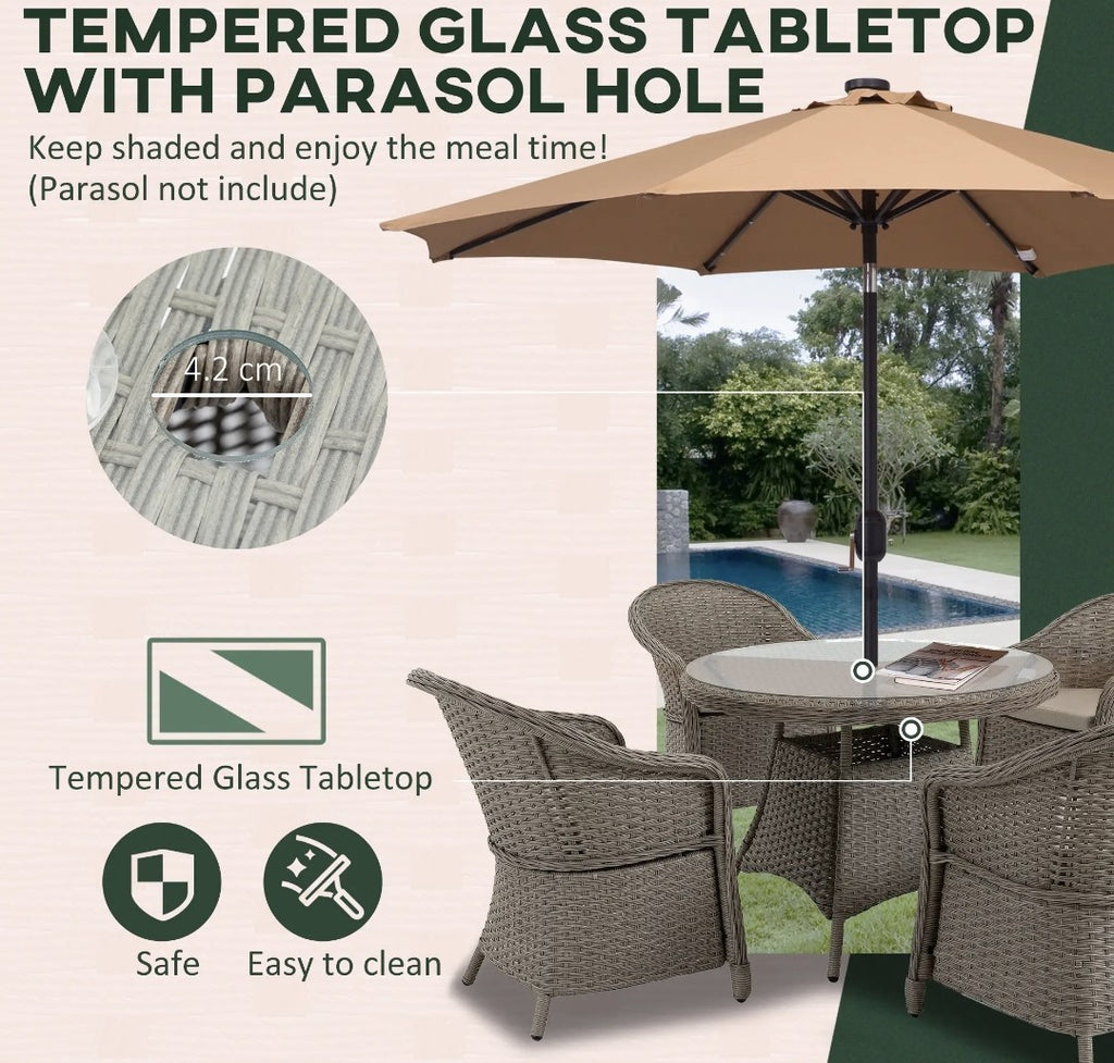 4-Seater Round PE Rattan Dining Set – Grey | FSC Certified with Glass Table & Cushions