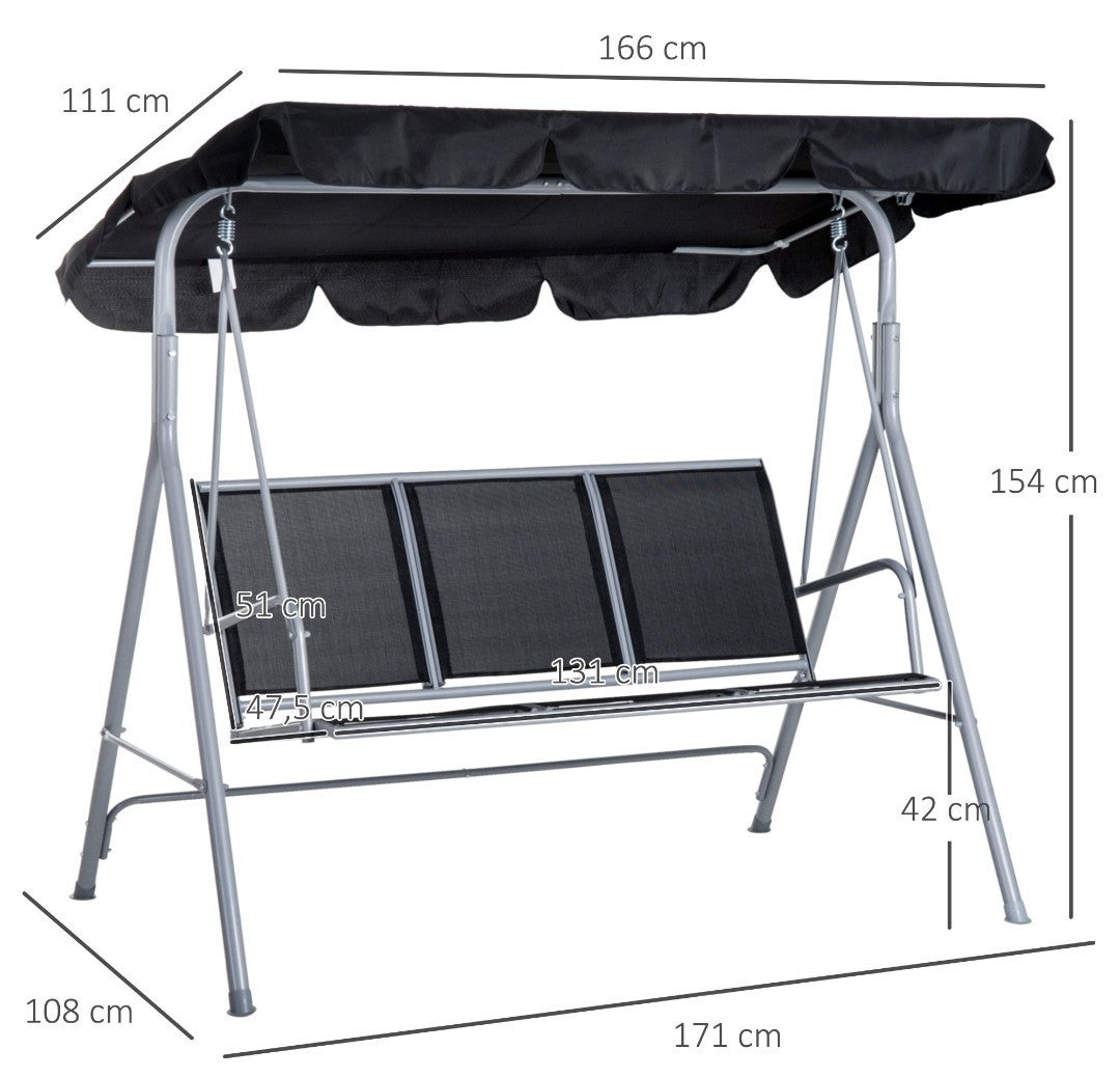 3-Seater Garden Swing Chair with Canopy – Black