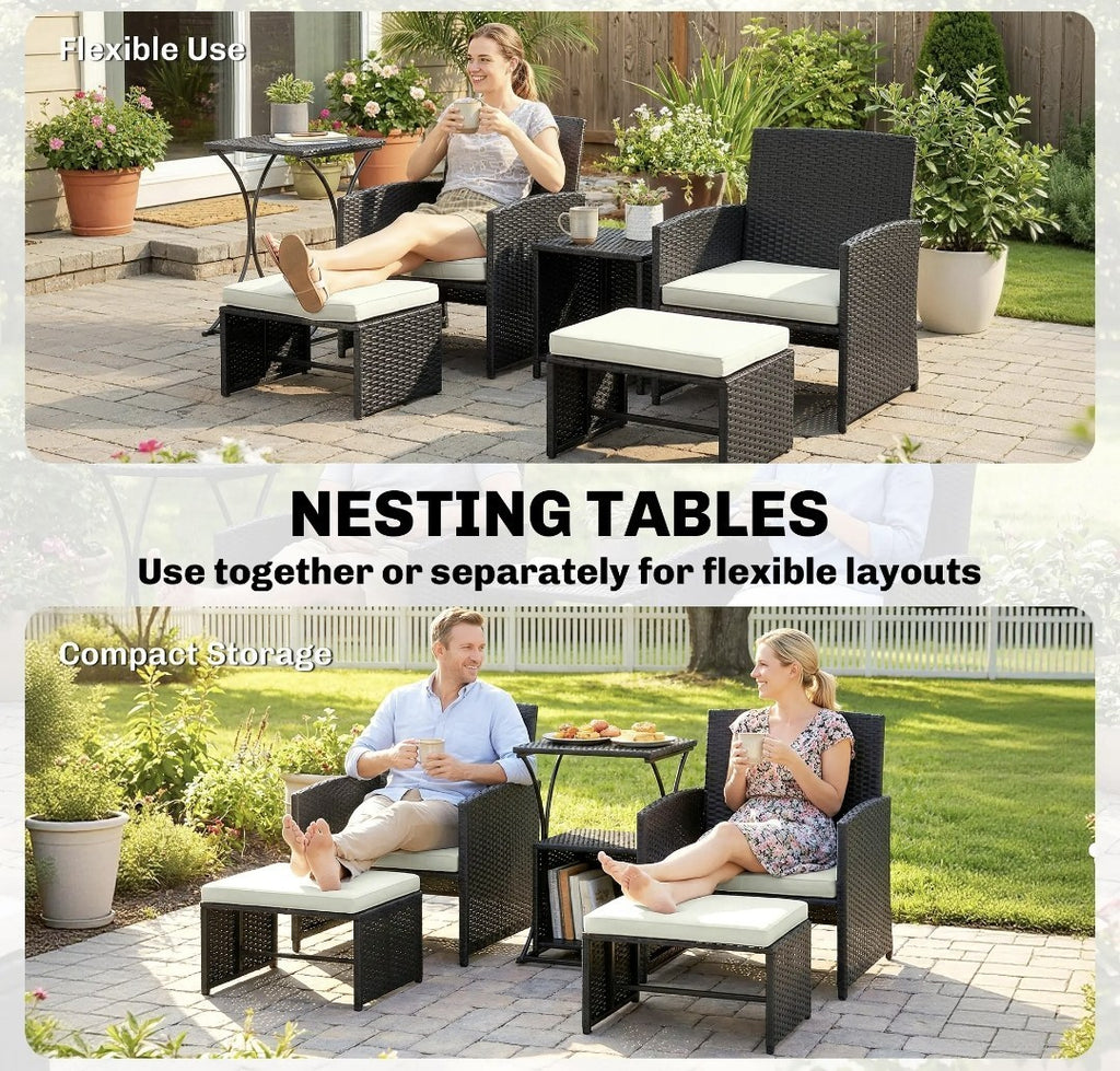 6-Piece Space-Saving Rattan Patio Furniture Set with Cushions – Black