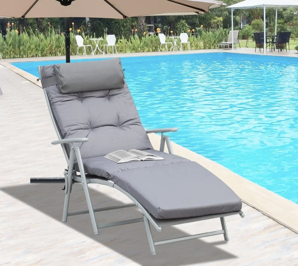 Steel Frame Padded Garden Sun Lounger with Pillow – Grey | 7-Position Recliner