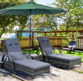 3-Piece PE Rattan Sun Lounger Set – Grey | Wheeled Recliner with Cushions