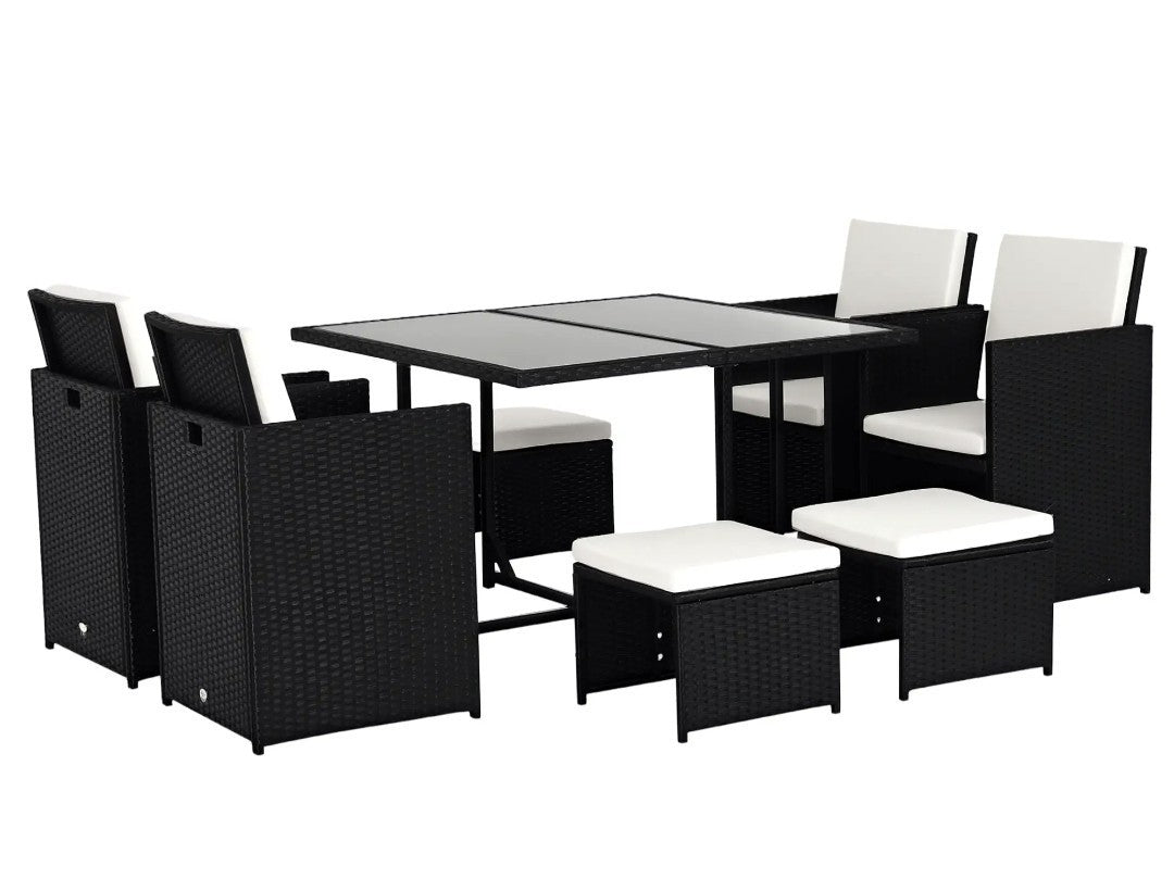 9-Piece Rattan Garden Dining Set | Armchairs, Footstools & Table | Black