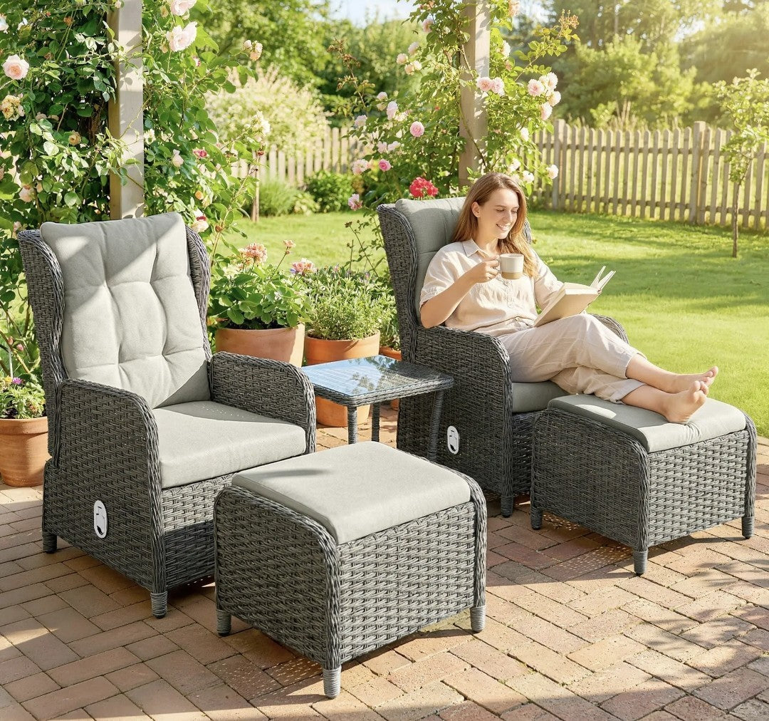5-Piece Rattan Garden Set | Reclining Chairs, Footstools & Cushions, Grey