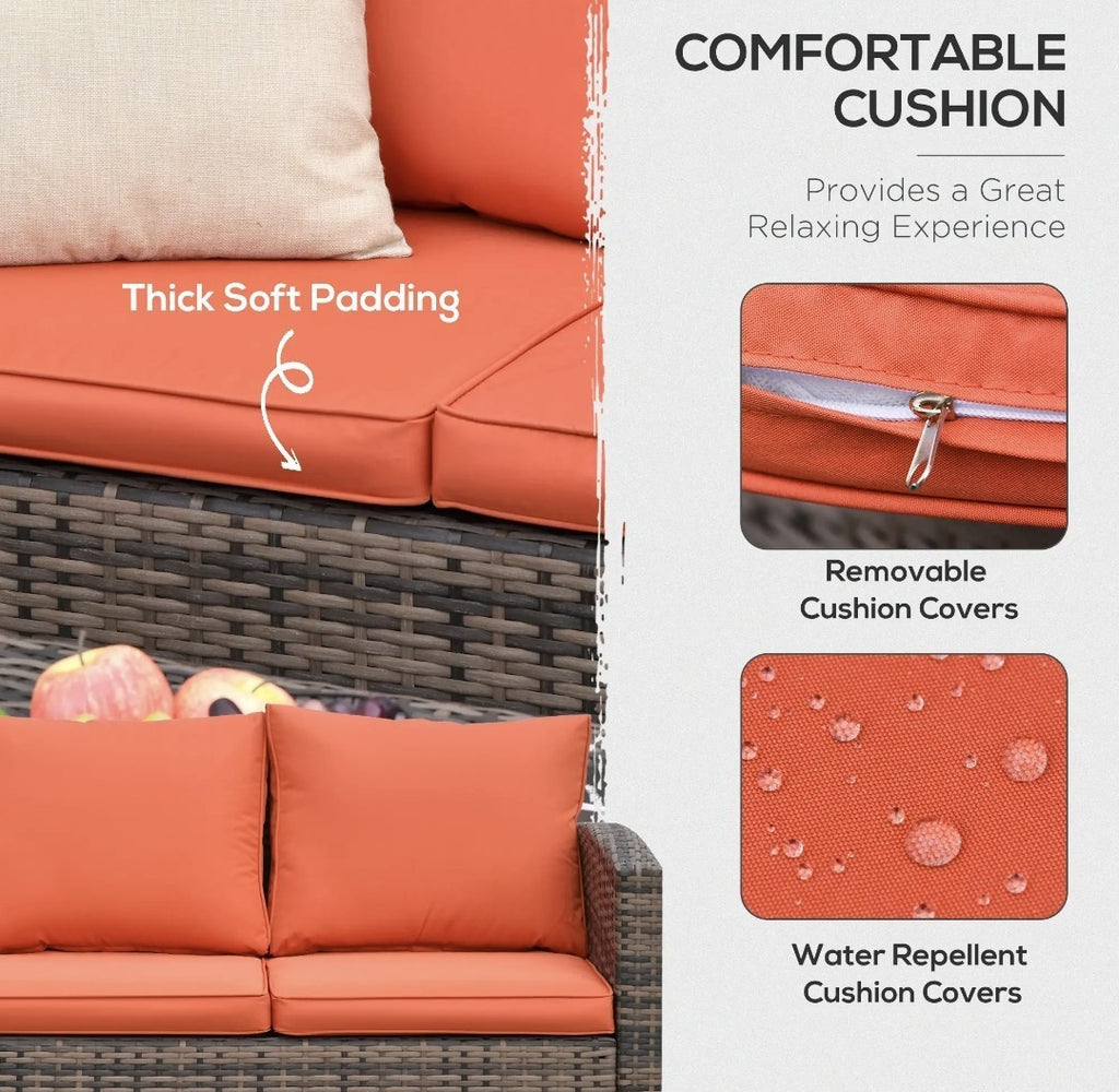 7-Seater Rattan Garden Sofa Set | 6-Piece Outdoor Furniture with Storage Tables – Brown & Orange