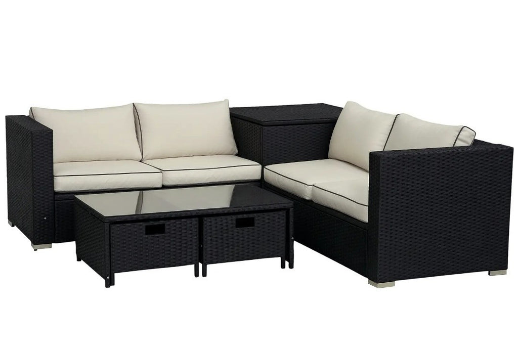 4-Seater Rattan Garden Set with Storage Box & 2-Drawer Coffee Table | Black