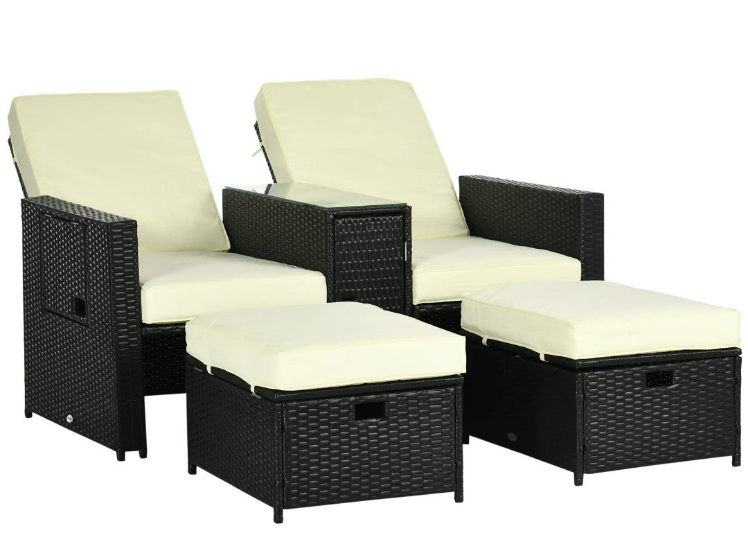 5-Piece PE Rattan Garden Sofa Set – Black with Beige Cushions