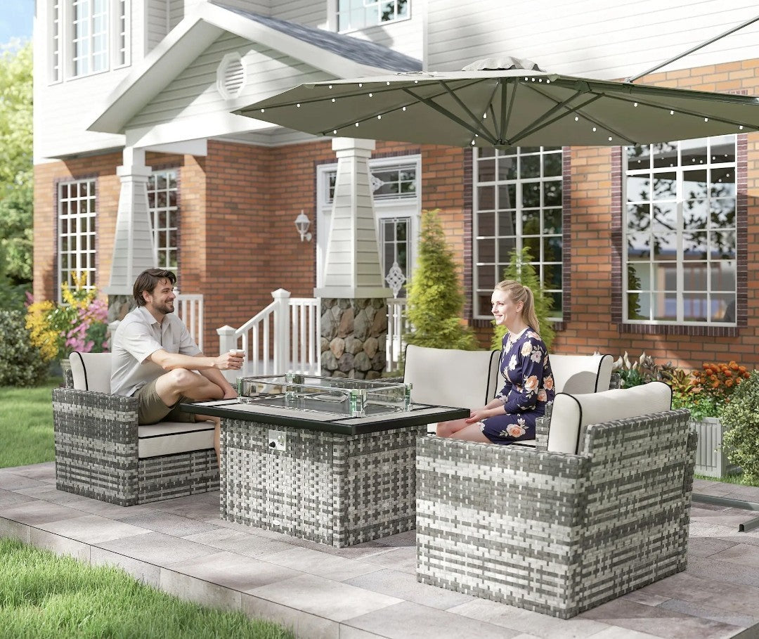 5-Piece Rattan Garden Sofa Set with Gas Fire Pit Table – Grey