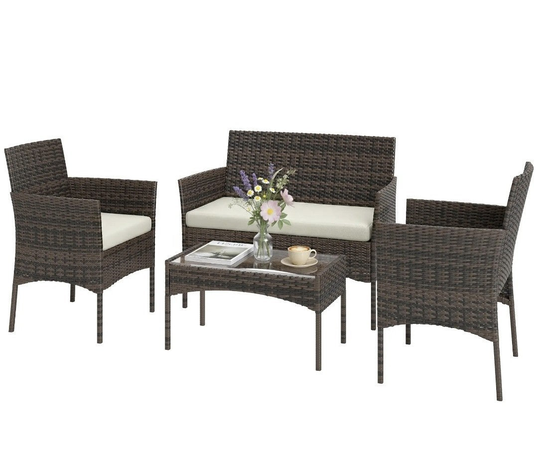 4-Piece Rattan Garden Sofa Set with Beige Cushions | Brown PE Rattan