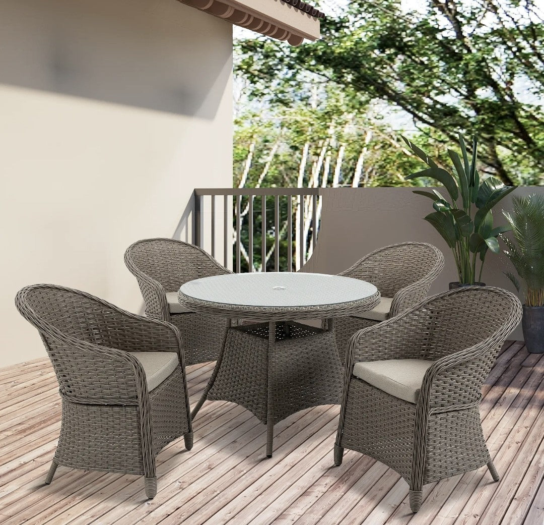 4-Seater Round PE Rattan Dining Set – Grey | FSC Certified with Glass Table & Cushions