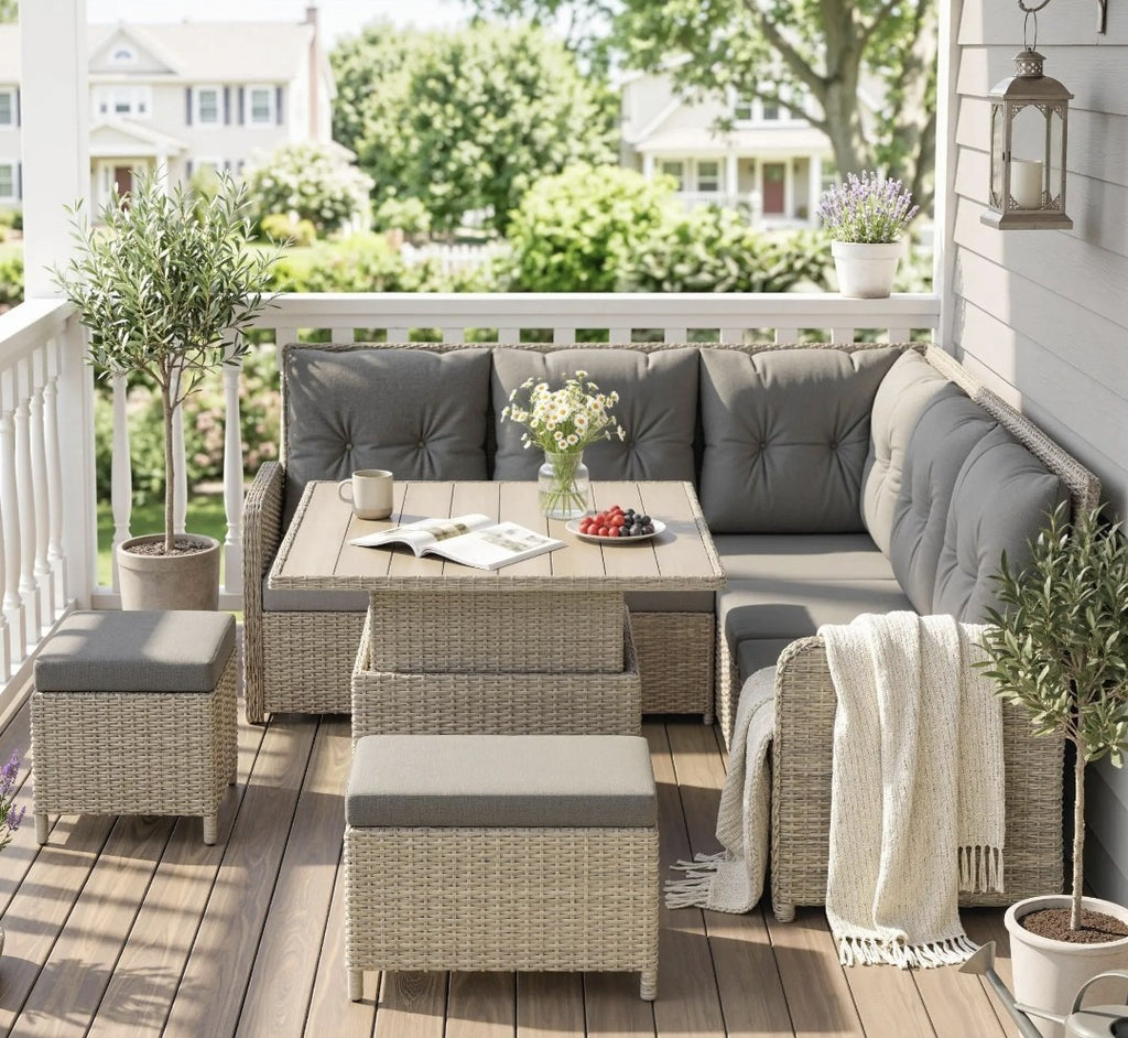 7-Seater Rattan Garden Furniture Set | 6-Piece Patio Sofa Set with Liftable Coffee Table – Light Grey