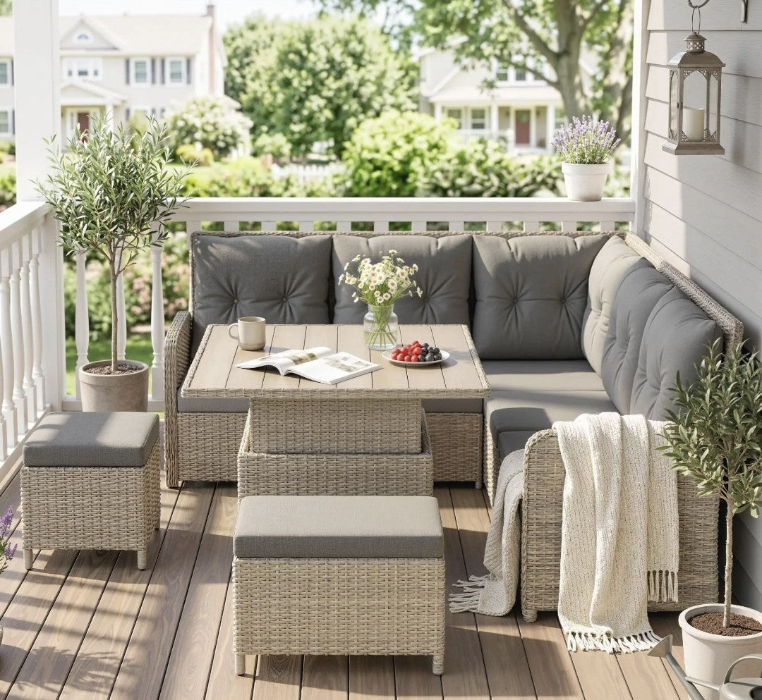 7-Seater Rattan Garden Furniture Set | 6-Piece Patio Sofa Set with Liftable Coffee Table – Light Grey