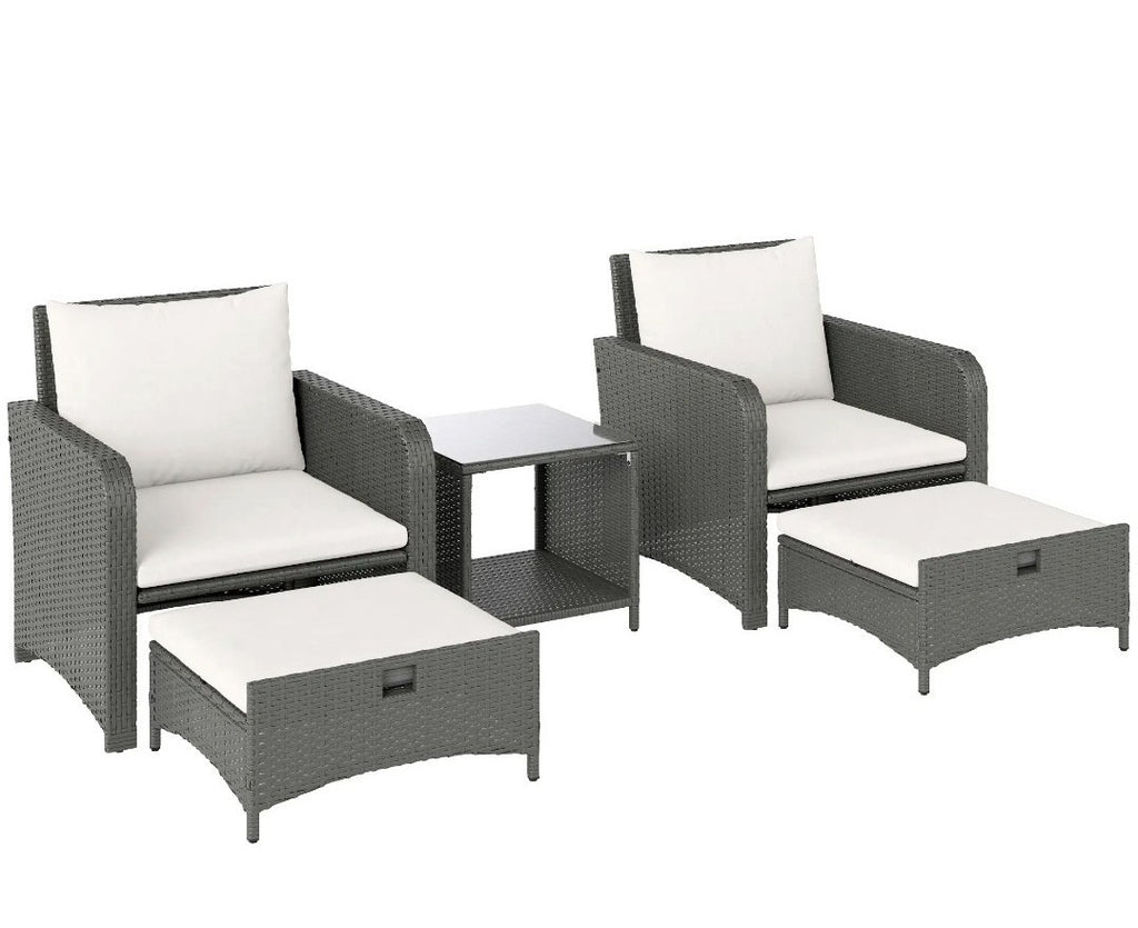5-Piece Garden Rattan Set with 2-Tier Coffee Table | Cream Cushions