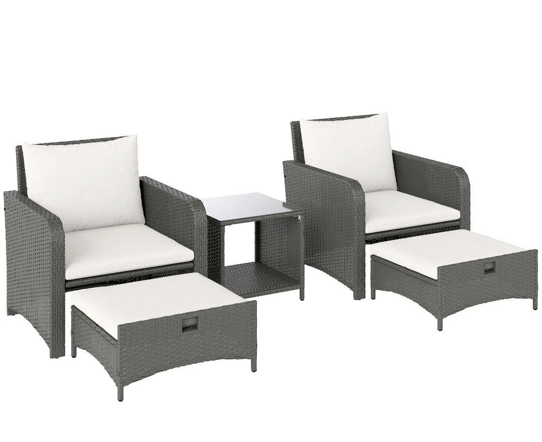 5-Piece Garden Rattan Set with 2-Tier Coffee Table | Cream Cushions