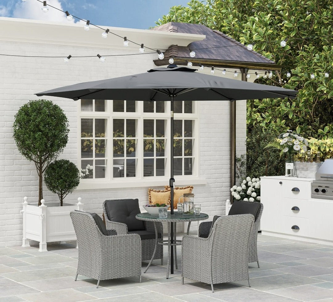 4-Seater Rattan Dining Set with Parasol & Cushions – Light Grey