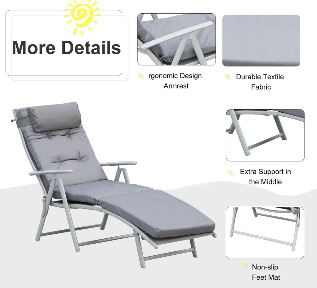 Steel Frame Padded Garden Sun Lounger with Pillow – Grey | 7-Position Recliner