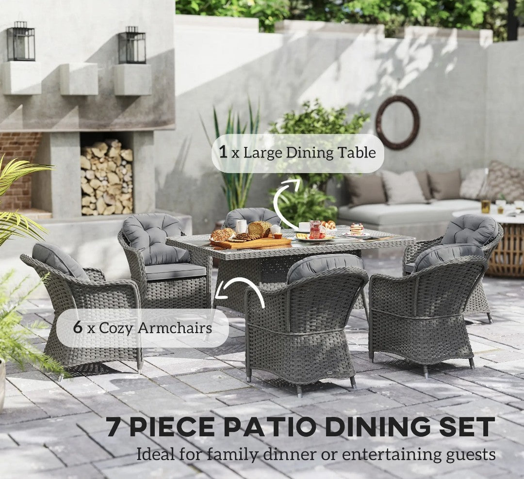 7-Piece Rattan Garden Dining Set – Light Grey | 6-Seater with Tempered Glass & Parasol Hole