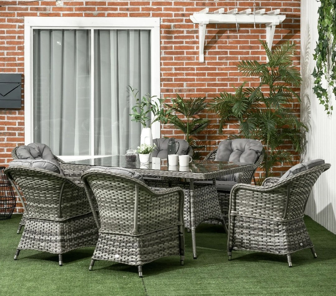 7-Piece Rattan Garden Dining Set with Glass Table & Parasol Hole – Grey
