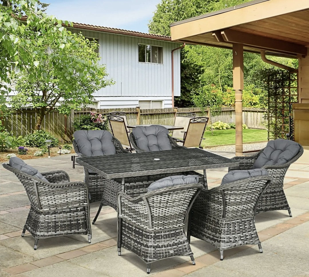 Seven-Piece Rattan Dining Set with Tempered Glass Table Top and Parasol Hole
