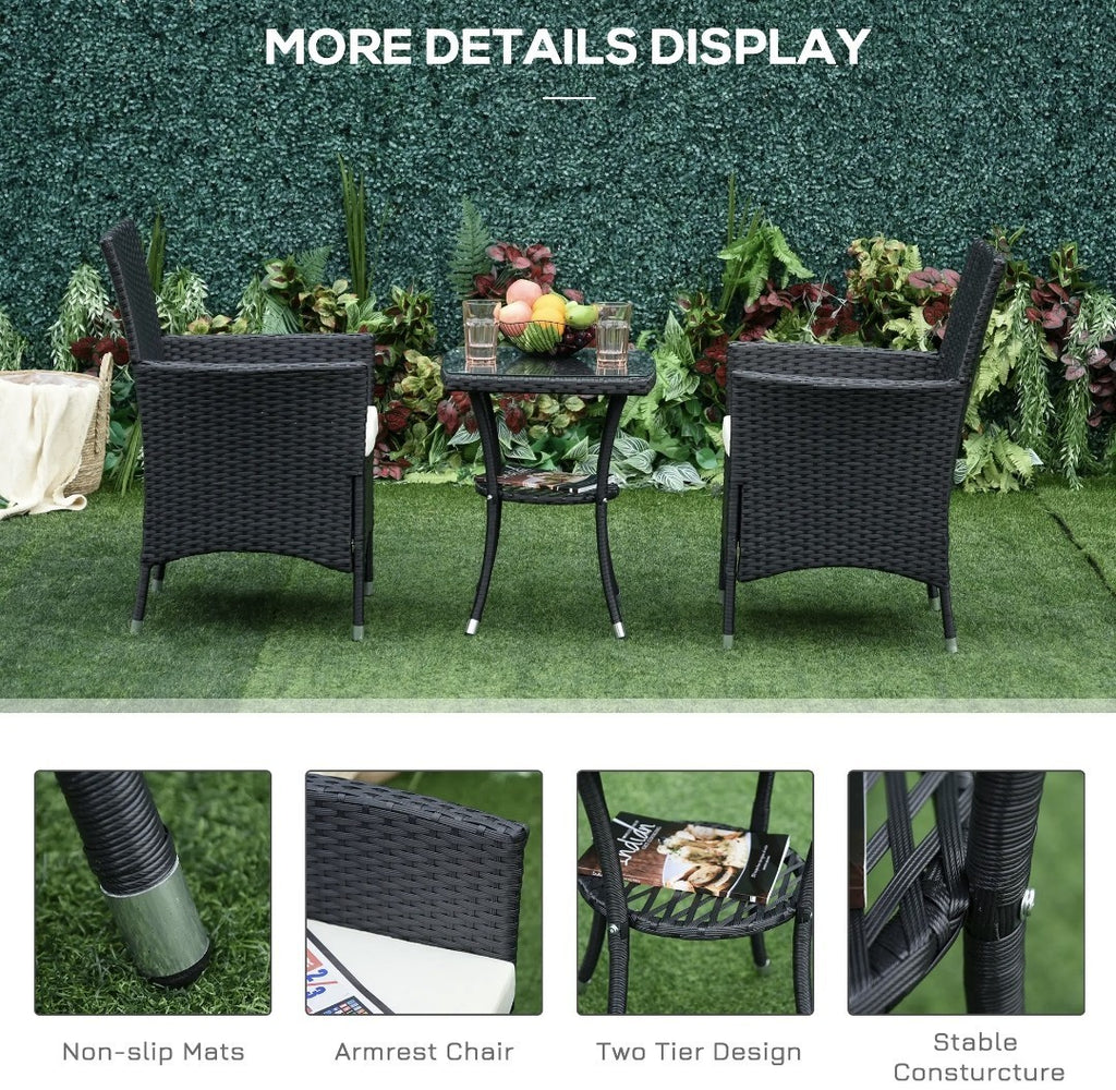 3-Piece Rattan Garden Bistro Set with 2-Tier Table | Black