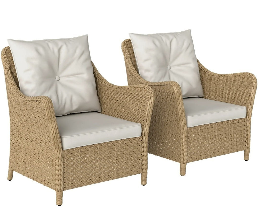 3-Piece Rattan Bistro Set | 2 Armchairs & Side Table | Natural PE Rattan with Cream Cushions