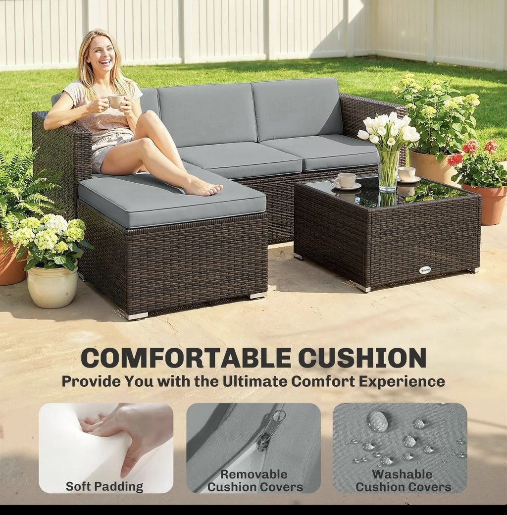 3-Piece PE Rattan Corner Sofa Set with Cushions | Light Grey