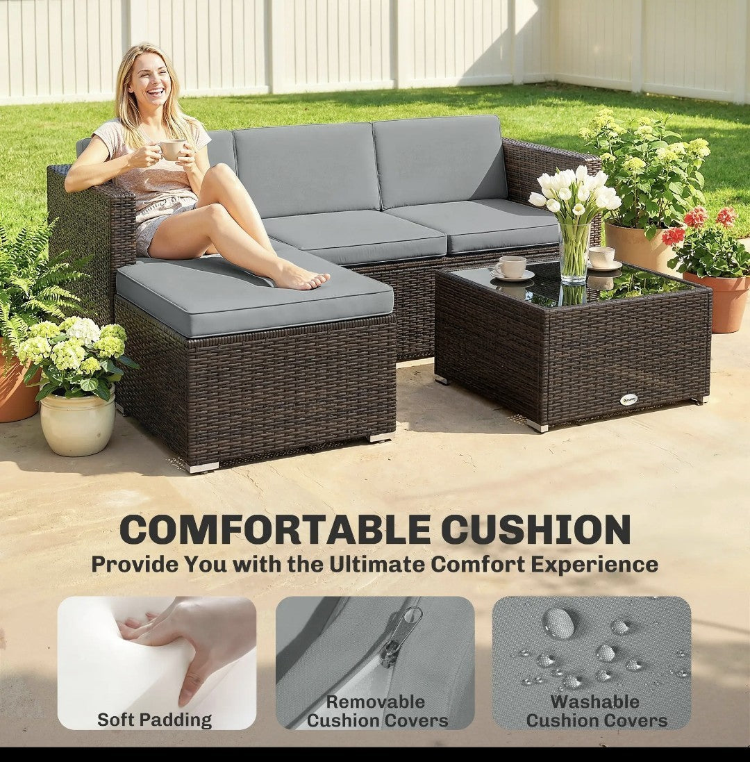 3-Piece PE Rattan Corner Sofa Set with Cushions | Light Grey