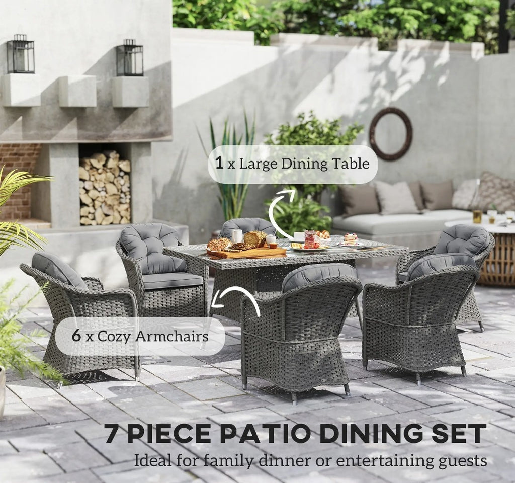 7-Piece Rattan Garden Dining Set with Glass Table – Light Grey