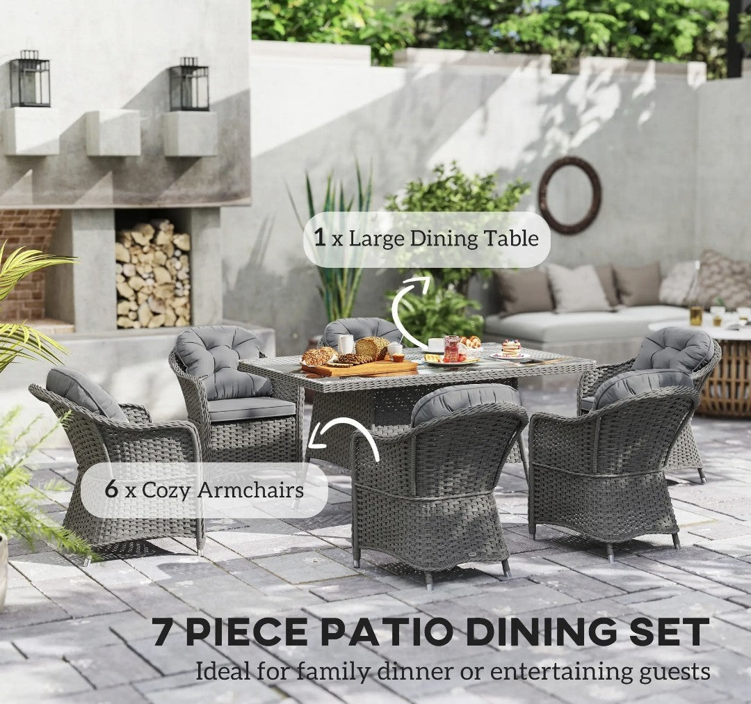 7-Piece Rattan Garden Dining Set with Glass Table – Light Grey