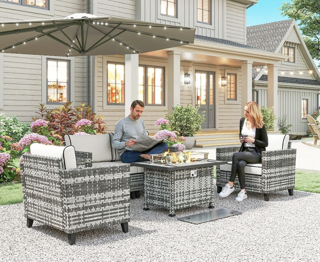 5-Piece Rattan Garden Sofa Set with Gas Fire Pit Table – Grey