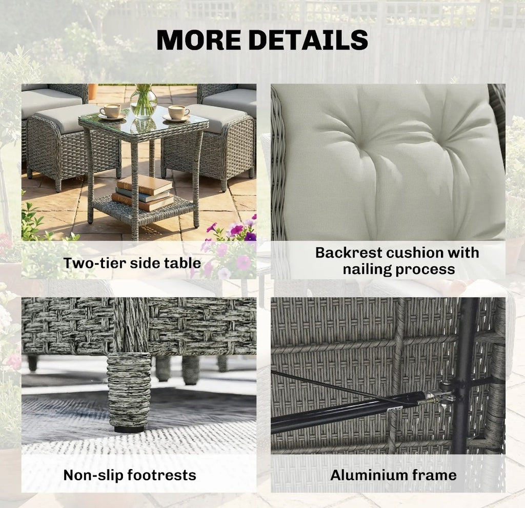 5-Piece Rattan Garden Set | Reclining Chairs, Footstools & Cushions, Grey