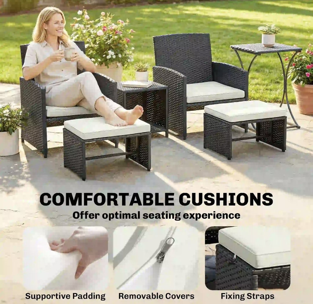 6-Piece Space-Saving Rattan Patio Furniture Set with Cushions – Black