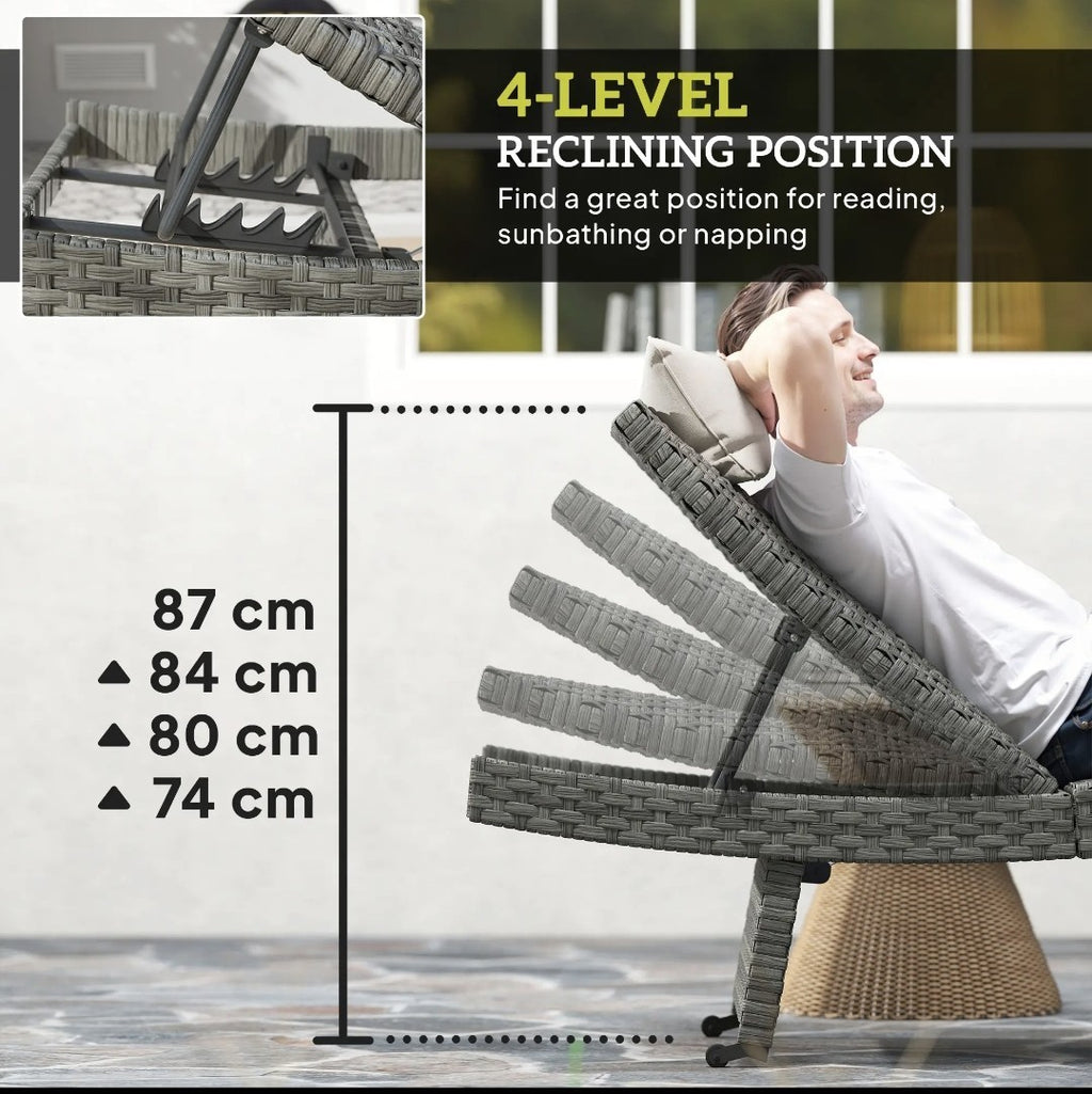 PE Rattan Sun Lounger – Mixed Grey | 4-Level Adjustable Recliner
