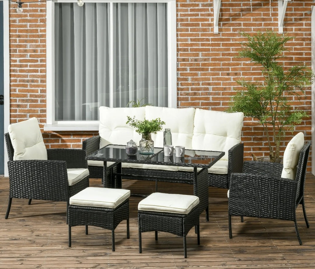 5-Seater Rattan Garden Sofa Set | 2 Armchairs & 3-Seater Wicker Sofa – Black & Cream