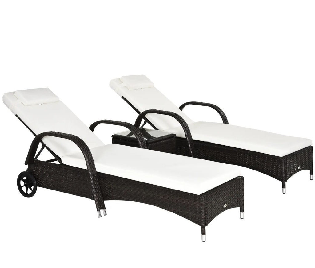 2x Rattan Sun Loungers with Adjustable Back, Wheels, Cushions, Headrest & Table