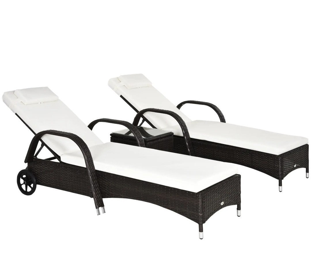 2x Rattan Sun Loungers with Adjustable Back, Wheels, Cushions, Headrest & Table