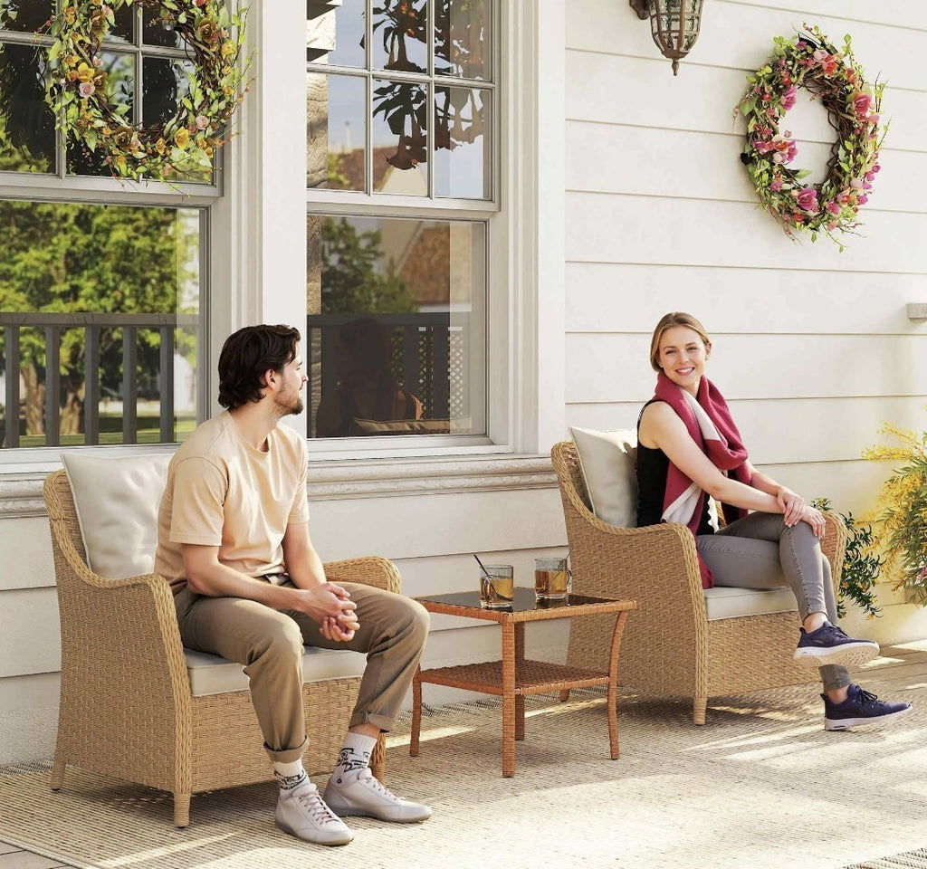 3-Piece Rattan Bistro Set | 2 Armchairs & Side Table | Natural PE Rattan with Cream Cushions