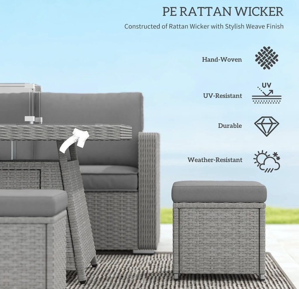 7-Piece Rattan Garden Sofa Set with Fire Pit Table & Cushions | Grey
