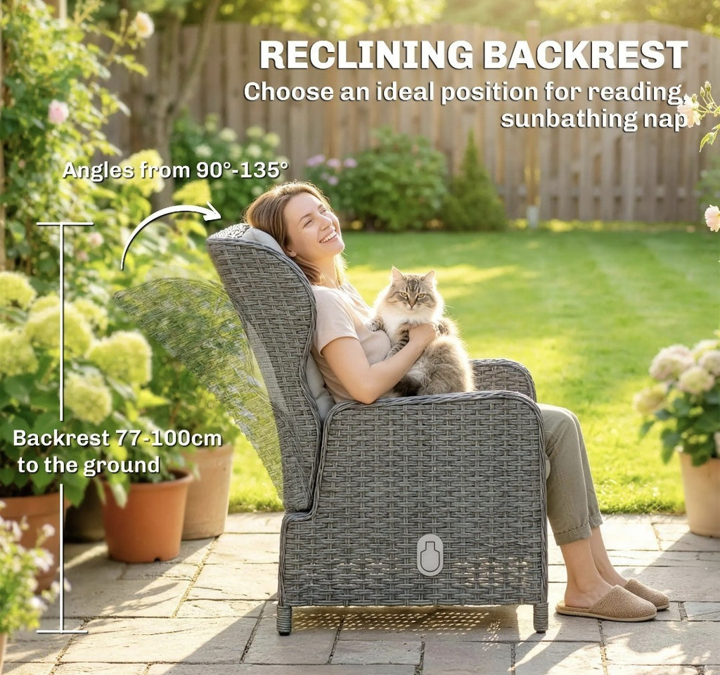 5-Piece Rattan Garden Set | Reclining Chairs, Footstools & Cushions, Grey