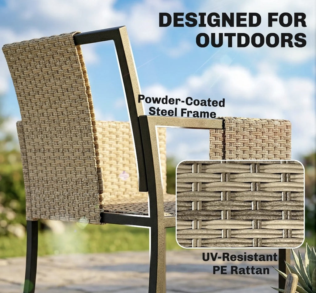 7-Piece Rattan Garden Dining Set – Light Brown | 6-Seater with Wood-Plastic Table & Cushions