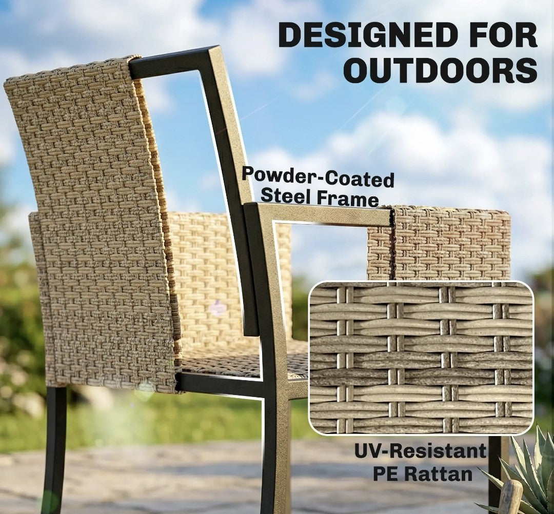7-Piece Rattan Garden Dining Set – Light Brown | 6-Seater with Wood-Plastic Table & Cushions