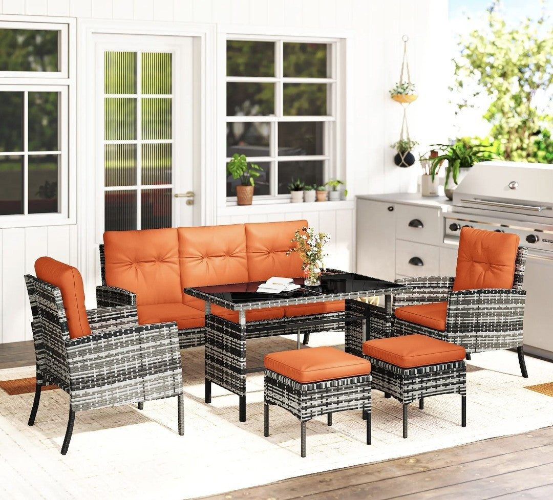 5-Seater Rattan Garden Sofa Set | 2 Armchairs & 3-Seater Wicker Sofa – Grey & Orange
