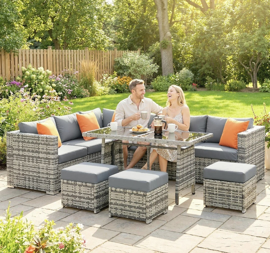 10-Piece Rattan Garden Furniture Set | 3 Corner Sofas, 3 Chairs, 3 Stools & Table – Grey & Orange