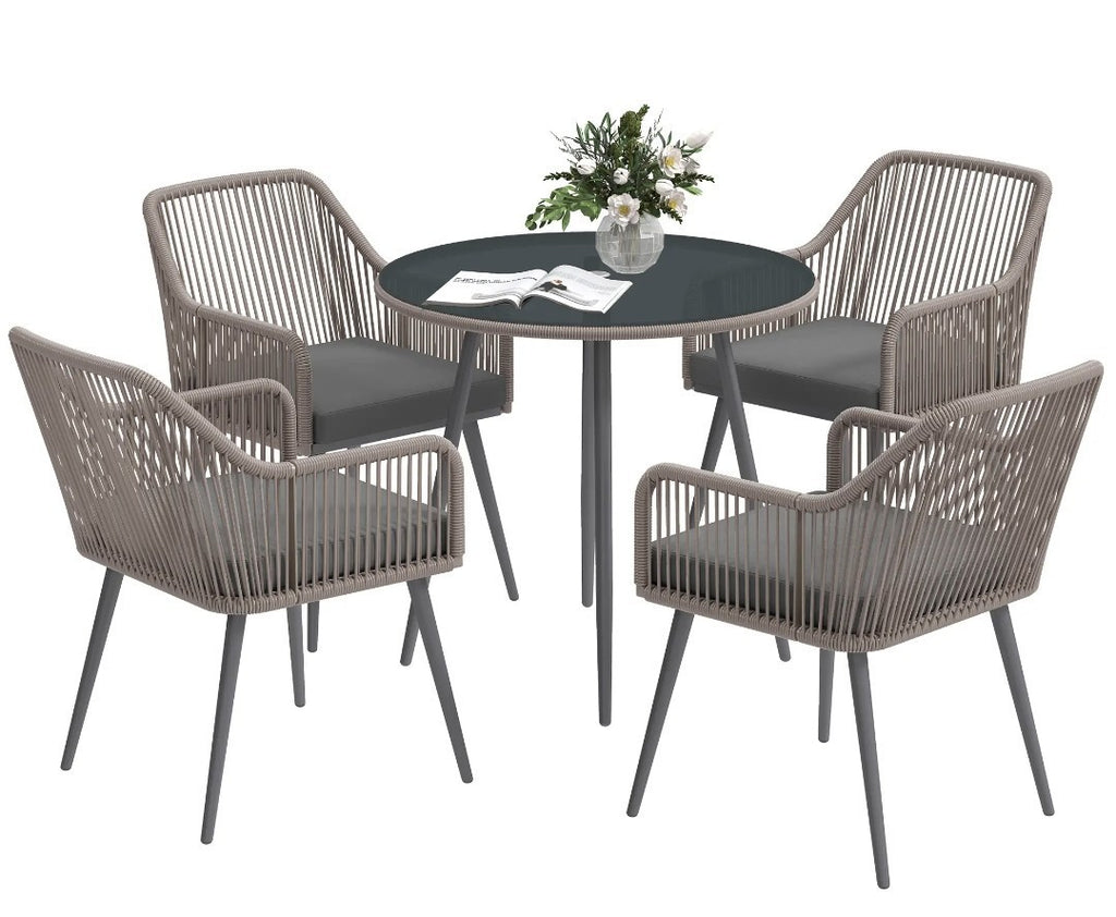 4-Seater Rattan Dining Set – Light Brown | Round Glass Table with Parasol Hole & Cushions