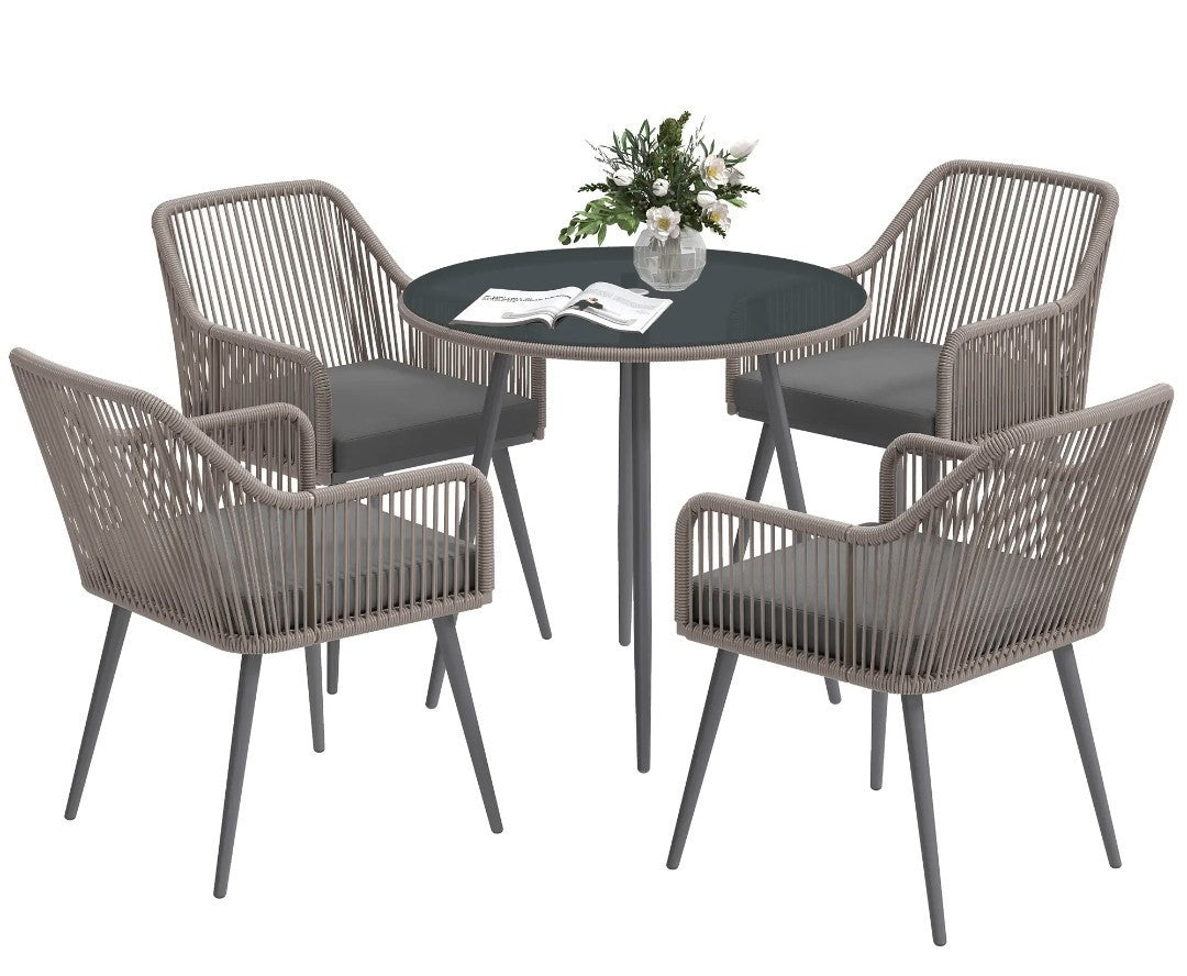 4-Seater Rattan Dining Set – Light Brown | Round Glass Table with Parasol Hole & Cushions