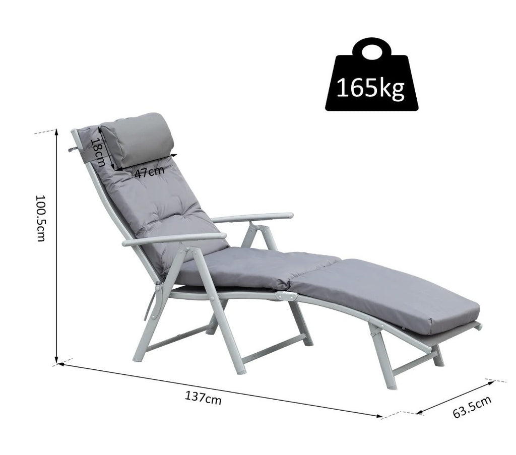Steel Frame Padded Garden Sun Lounger with Pillow – Grey | 7-Position Recliner