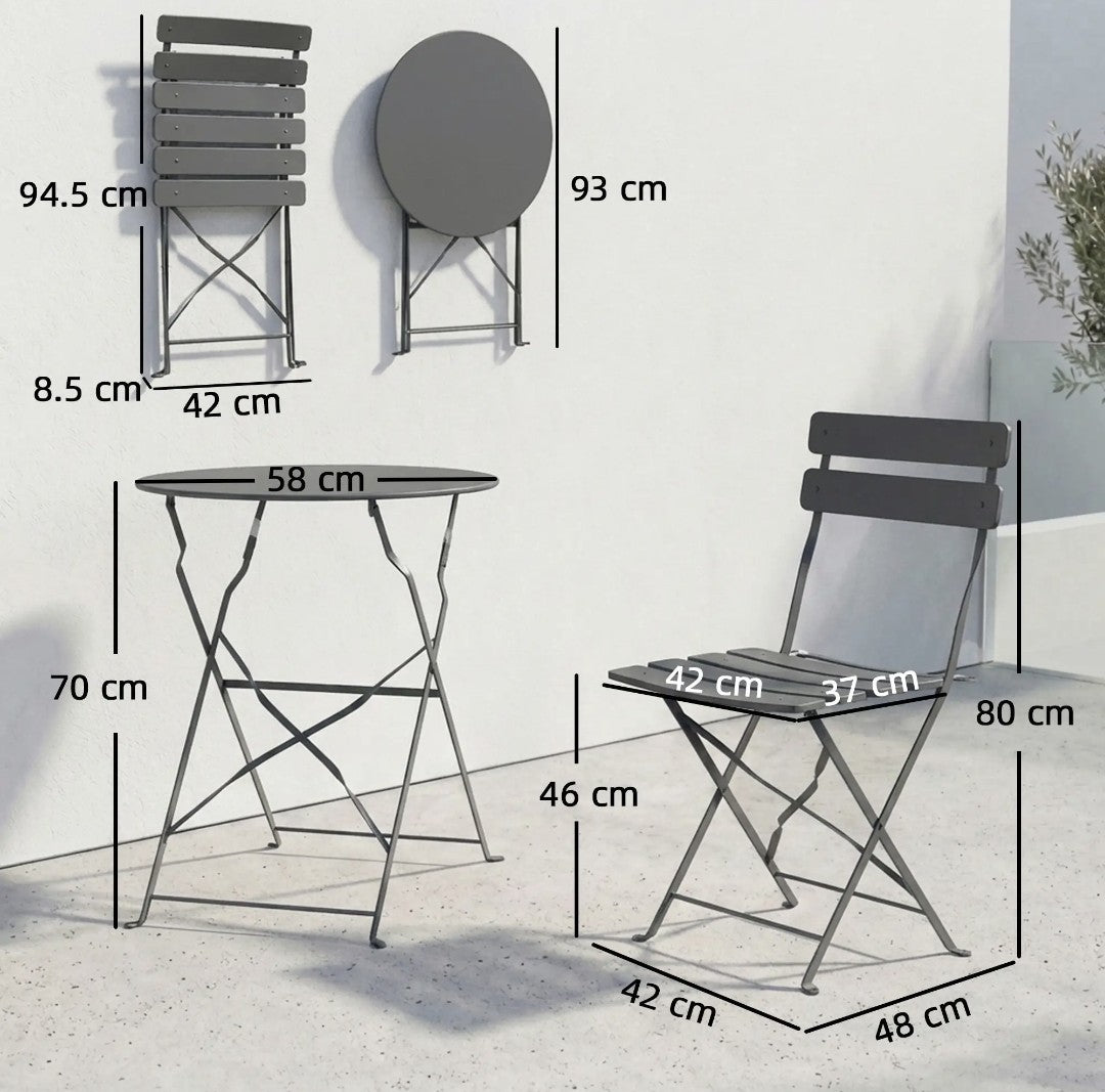 Folding Garden Bistro Set | Round Table & 2 Chairs | Grey Metal