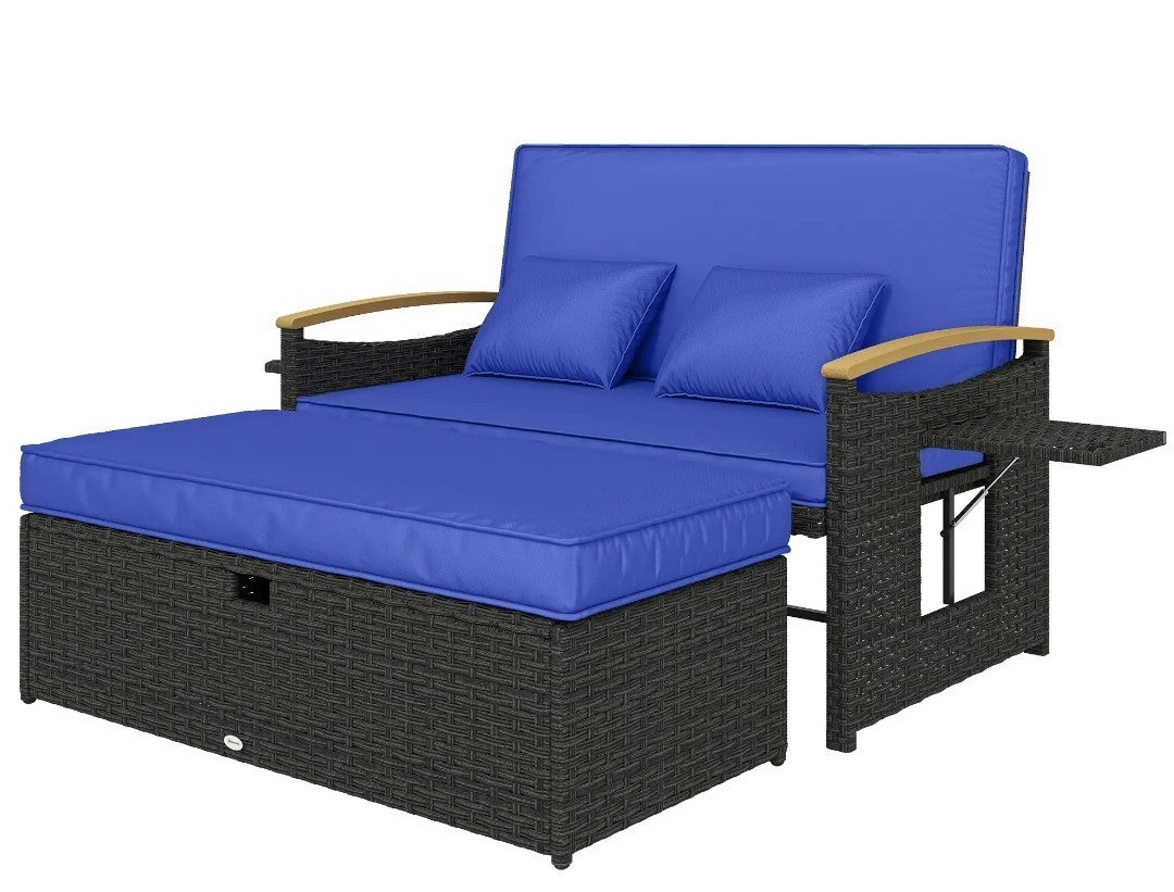 Double Rattan Garden Daybed | Wicker Sun Lounger with Storage Ottoman | Brown
