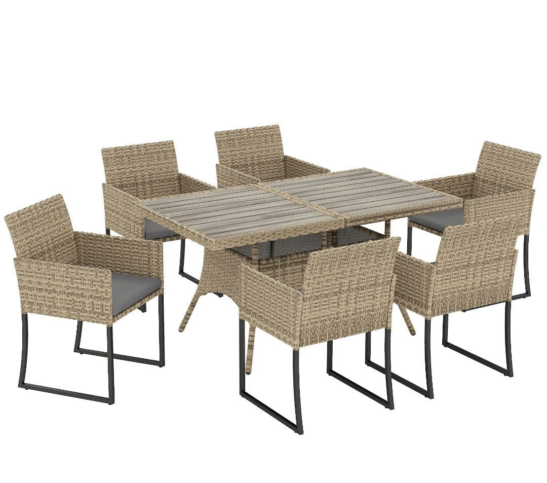 7-Piece Rattan Garden Dining Set – Light Brown | 6-Seater with Wood-Plastic Table & Cushions