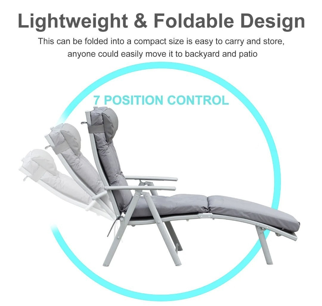 Steel Frame Padded Garden Sun Lounger with Pillow – Grey | 7-Position Recliner