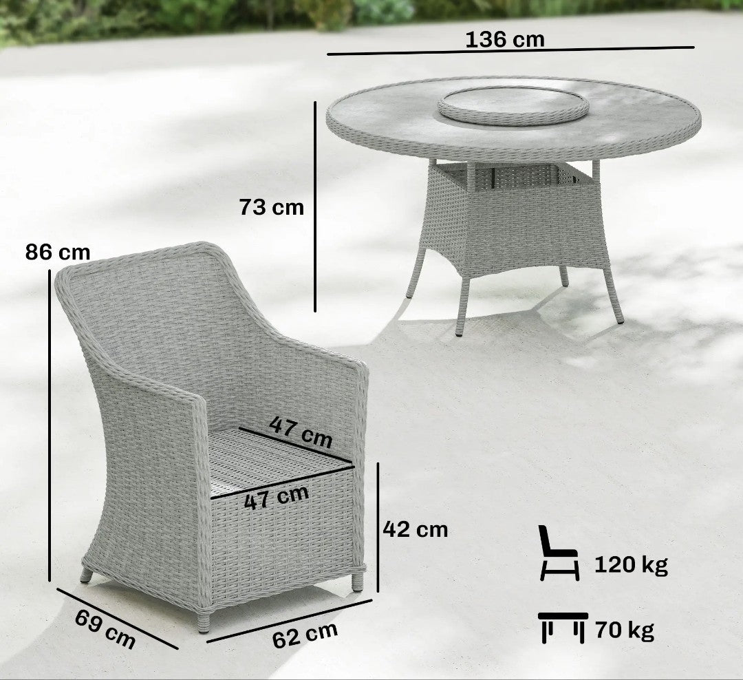 7-Piece Rattan Garden Dining Set with Turntable & Marble Effect Round Table